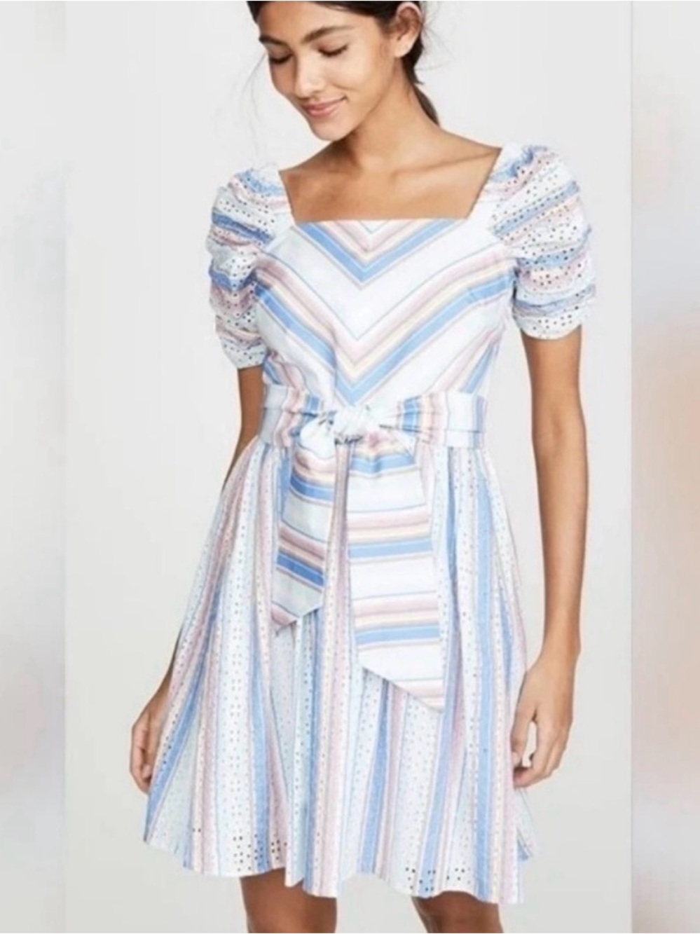 Shoshanna Perle Eyelet Striped Puff Sleeve Mini Dress 10 Pastel Cotton Candy